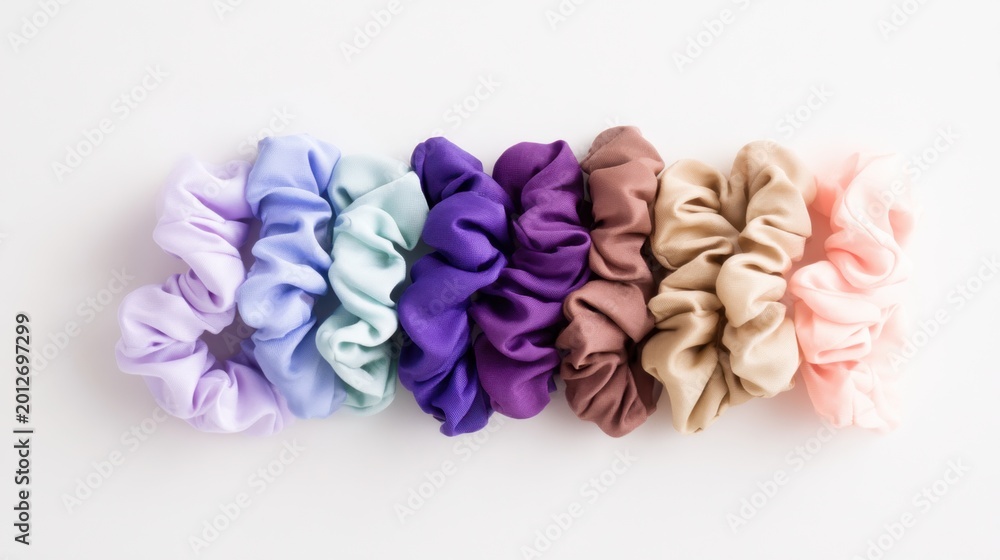 Fototapeta premium A neat arrangement of assorted fabric scrunchies in various pastel colors displayed on a white surface
