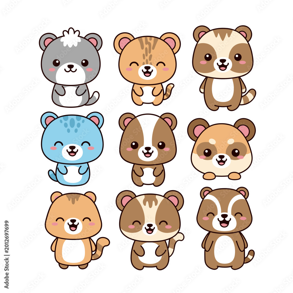 Obraz premium A collection of nine adorable cartoon ferrets or weasels in various colors and happy expressions, illustrated in a cute, friendly style.