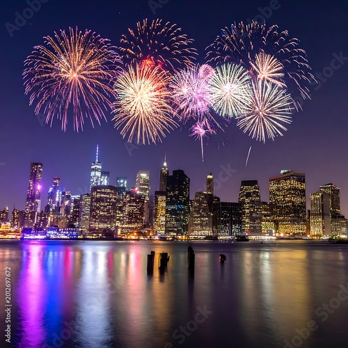 Fireworks display over New York City skyline.