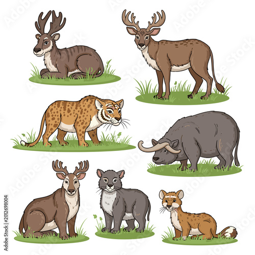 Photography A collection of diverse wild animals, including deer, a tiger, a buffalo, and various felines, depicted in a charming cartoon style on a white background