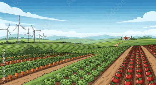 Sustainable Agriculture: Wind Turbines Powering Organic Farm with Crops and House