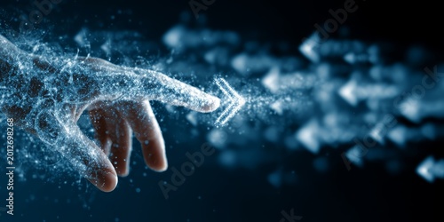 A hand made of water or particles pointing towards a glowing digital arrow, symbolizing the connection between human touch and technological innovation, or the flow of data and digital transformation.