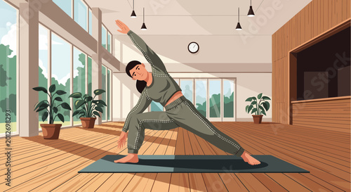 Woman practicing yoga in a bright, modern studio with large windows and plants