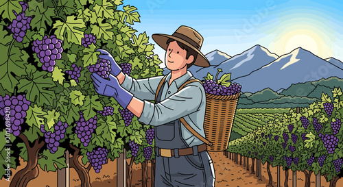 Farmer harvesting grapes in vineyard with mountains and sun.