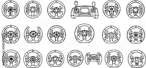 Quadro su tela Black and White Line Art Collection of Gaming Steering Wheels and Gear Shifter f