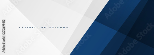 White and blue modern abstract wide banner with geometric shapes. Dark blue and white abstract background. Vector illustration