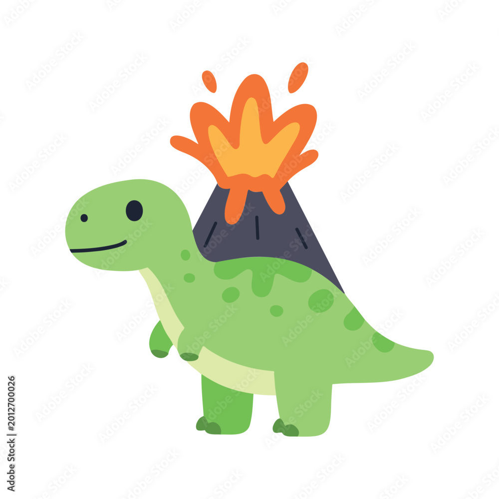 Obraz premium Friendly dinosaur with eruption behind stands out against white background