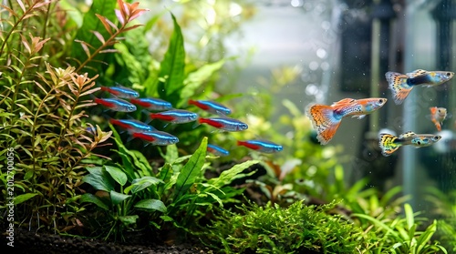 Colorful Neon Tetras and Guppies Swimming in a Lush Planted Freshwater Aquarium