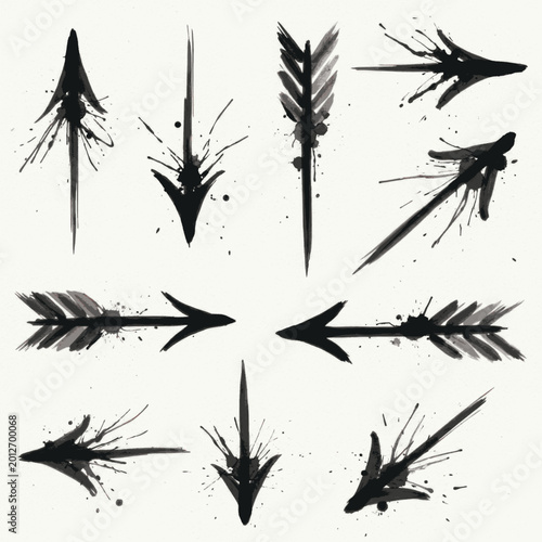 A collection of hand-painted watercolor arrows in black ink, displayed against a white background.