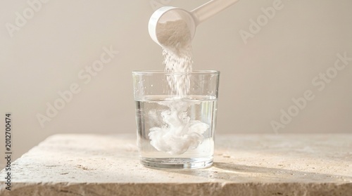 A morning ritual showing creatine monohydrate powder pouring into a glass of water for healthy hydration blogs.