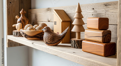 Handcrafted Wooden Decorative Objects Displayed On Rustic Shelf Creating Artisan Farmhouse Interior Design Inspiration For Stylish Modern Home Decor.