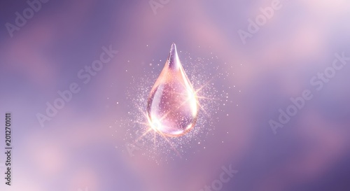 A single water droplet glistens with dew on a purple background with sunlight reflecting off its surface beautifully
