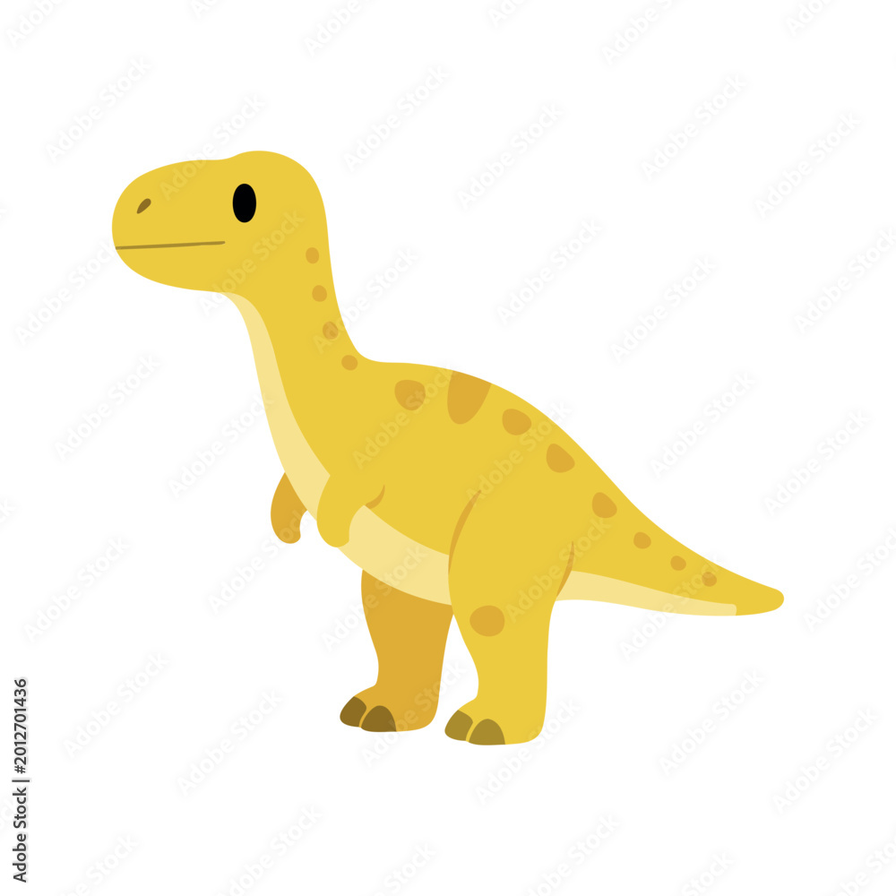Fototapeta premium Cute cartoon dinosaur with golden skin and small dark spots posing on a white background
