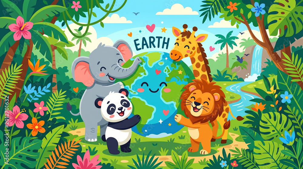 Fototapeta premium Vibrant illustration of diverse wild animals embracing the Earth in a lush jungle setting, promoting environmental awareness and conservation