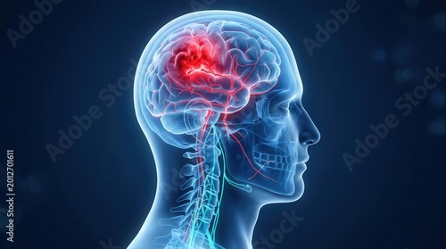 Medical illustration of a brain stroke highlighting the affected area and neural connection pathways.