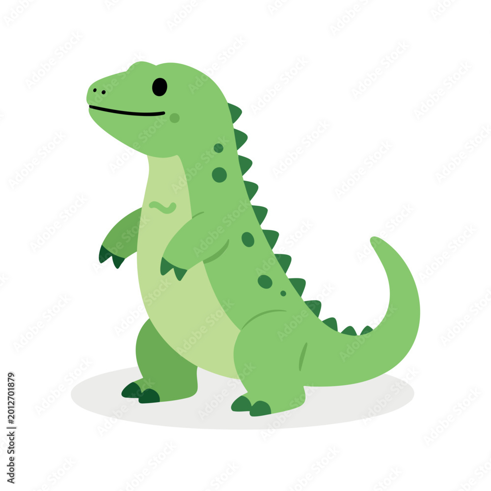 Fototapeta premium Illustration of a cheerful green dinosaur with dark green spots standing up straight