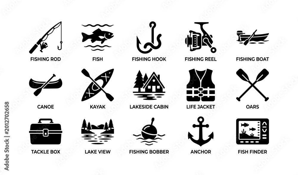 Obraz premium Fishing and boating icons showing equipment and lakeside elements