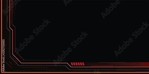 Fotografia Abstract futuristic technology frame with glowing orange circuit lines and HUD interface elements on a black background