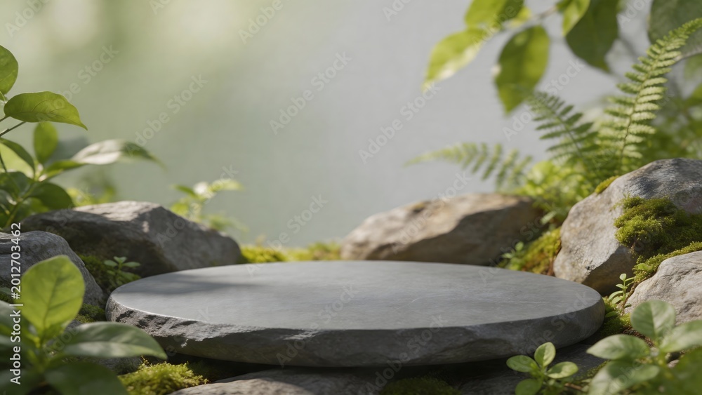 Naklejka premium Stone platform in natural green setting