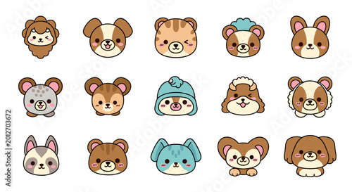 Quadro su tela A charming collection of 15 adorable cartoon animal faces, each with unique expressions and features, rendered in a cute, kawaii style