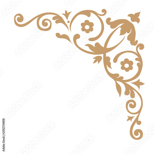 Golden corner vintage ornate frame, vector decorative element. Traditional Slavic, folk motif. Vector twigs, berries, flowers and leaves. Divider ornament, corner frame, linear floral pattern.