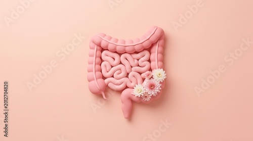 Concept of probiotic and prebiotic for gut health featuring an intestine shape and flowers.