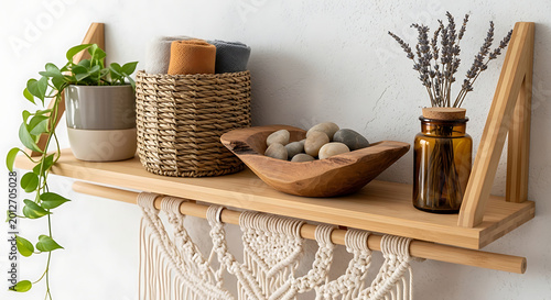 Natural Wood Shelf With Decorative Items And Macrame Hanger Creating Rustic Bohemian Interior Design Inspiration For Cozy Modern Home Decoration.