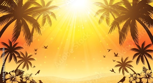 Pixel art tropical sunset with palm trees and birds