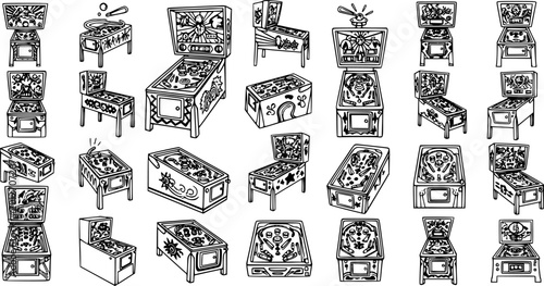 Tableau sur toile Vintage Pinball Machines Black and White Line Art Collection