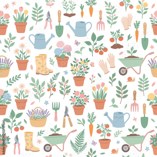 Gardening Tools and Plants Seamless Pattern Vector