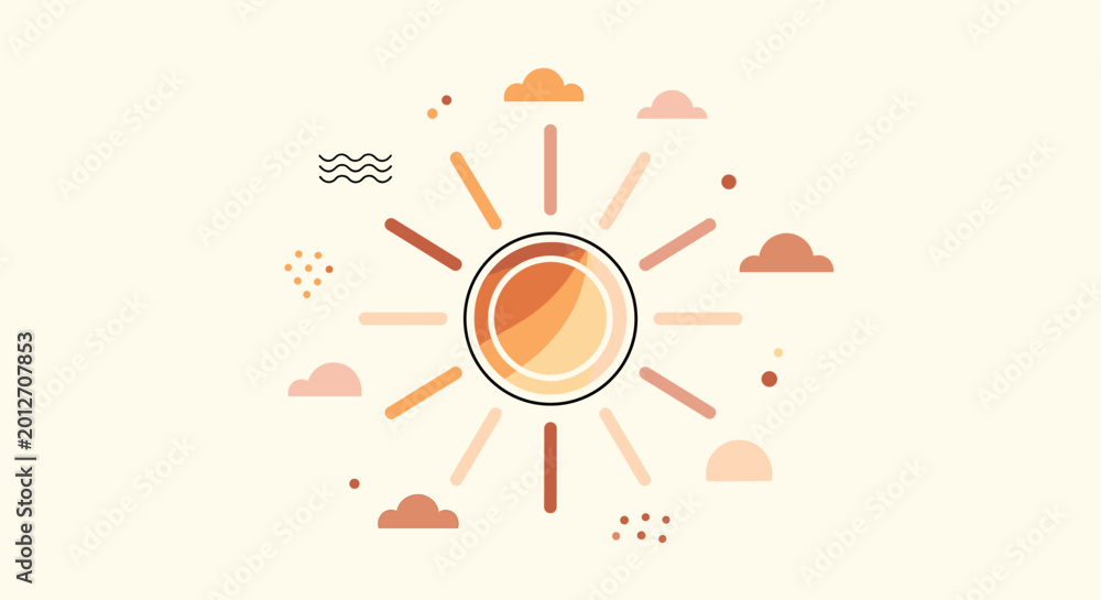 Fototapeta premium A stylized, abstract illustration of a radiant sun with surrounding clouds and decorative elements on a light background.