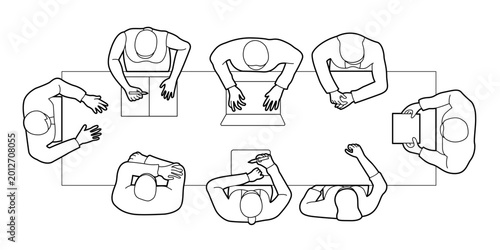 Fotografie set of people meeting top view without chair, minimalist outline plan drawings for architectural style