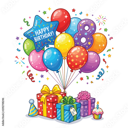 Happy 8th Birthday Balloons Gifts Celebration Vector