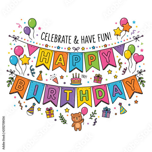 Happy Birthday Banner with Cute Bear and Party Elements Vector