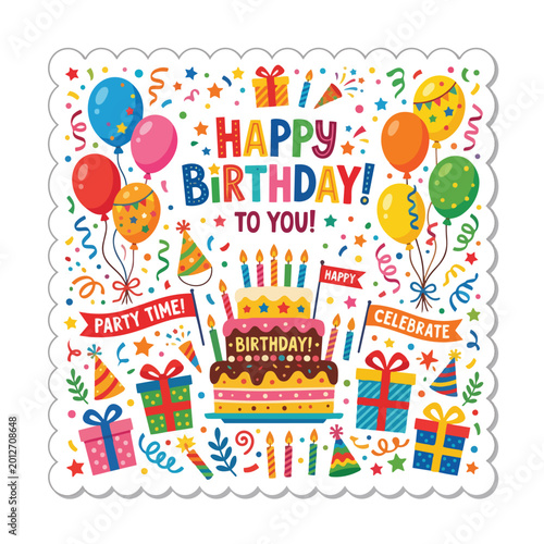 Happy Birthday Celebration Vector Illustration with Cake and Balloons
