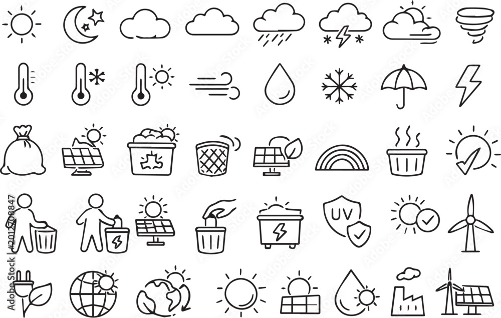 Fototapeta premium Set of hand drawn weather and ecology icons for environmental design