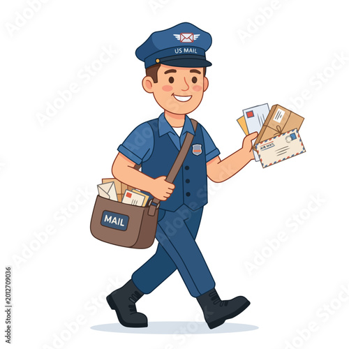 Happy Mail Carrier Delivering Letters and Packages Vector Illustration