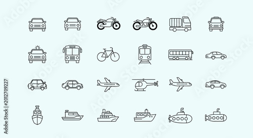 Photos A comprehensive collection of line art icons depicting various modes of transportation including land, air, and sea vehicles