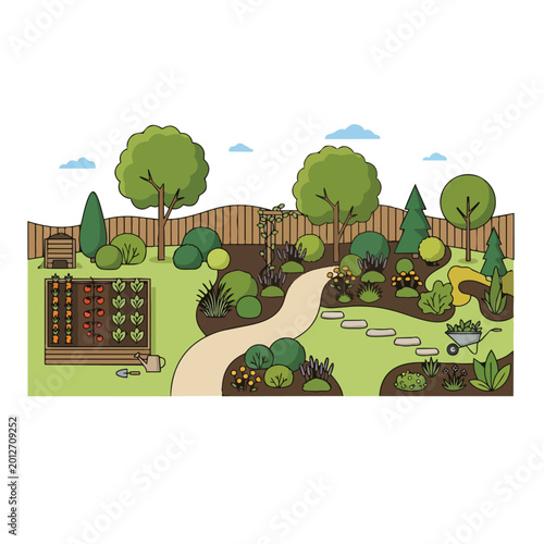 Illustrated Garden Landscape with Vegetables and Tools