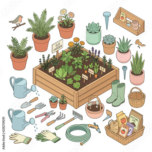 Isometric Garden Elements Vector Illustration Set