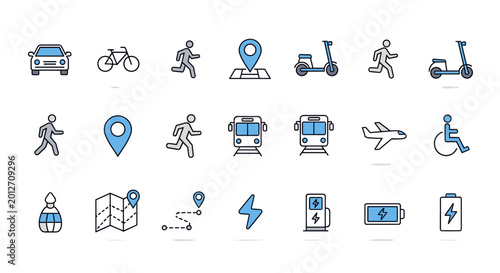 Quadro em tela A comprehensive set of transportation, navigation, and energy icons in a modern flat design style, featuring various modes of travel and related concepts