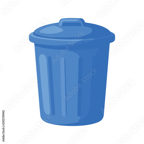Bright blue plastic trash can with lid on a white background is isolated