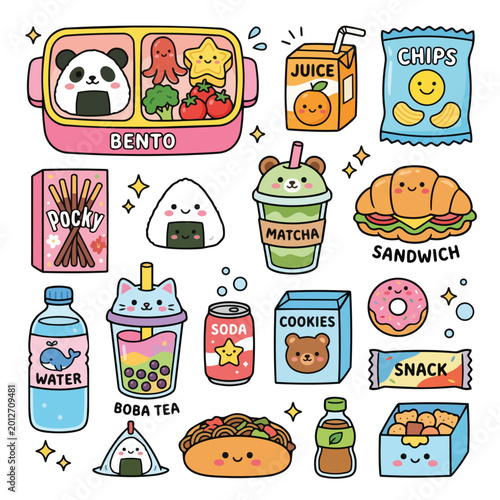 Kawaii Bento Box and Snacks Vector Illustration
