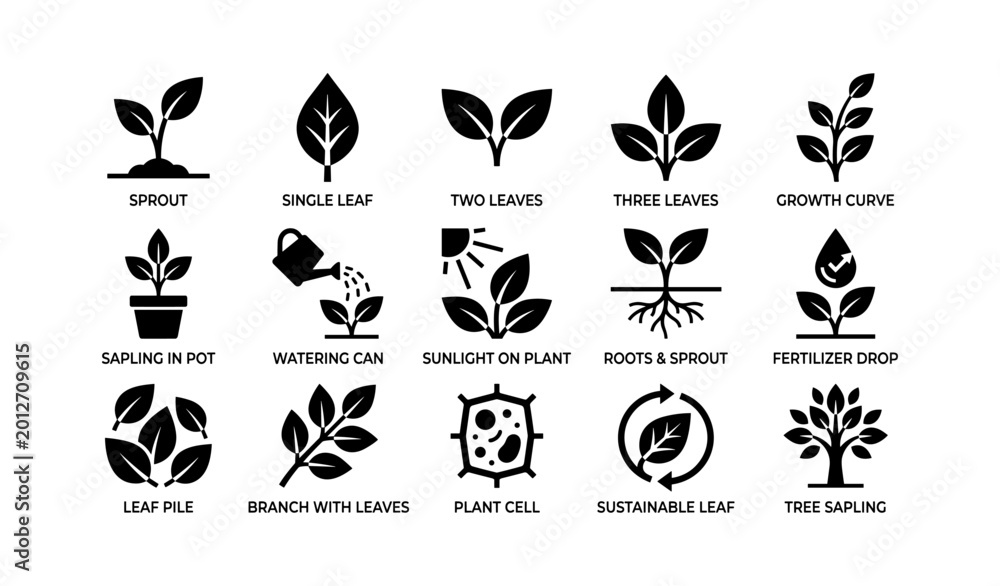 Obraz premium Plant growth and sustainability icons showing leaves roots and tree