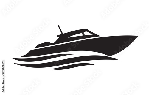 Speedboat silhouette vector on white background moving on ocean waves