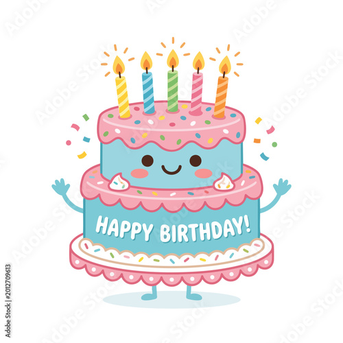 Kawaii Birthday Cake with Candles and Confetti Vector Illustration