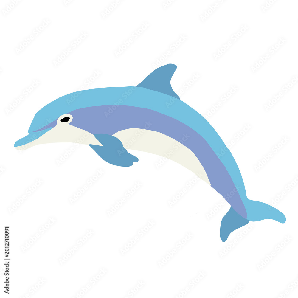Fototapeta premium blue dolphin jumping illustration. cartoon sea animal character. flat vector of a dolphin swimming. marine life icon for kids. cute aquatic mammal isolated on white.