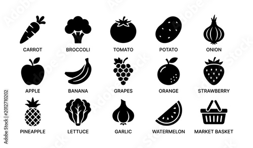 Fruits and vegetables icons arranged in grid on white background