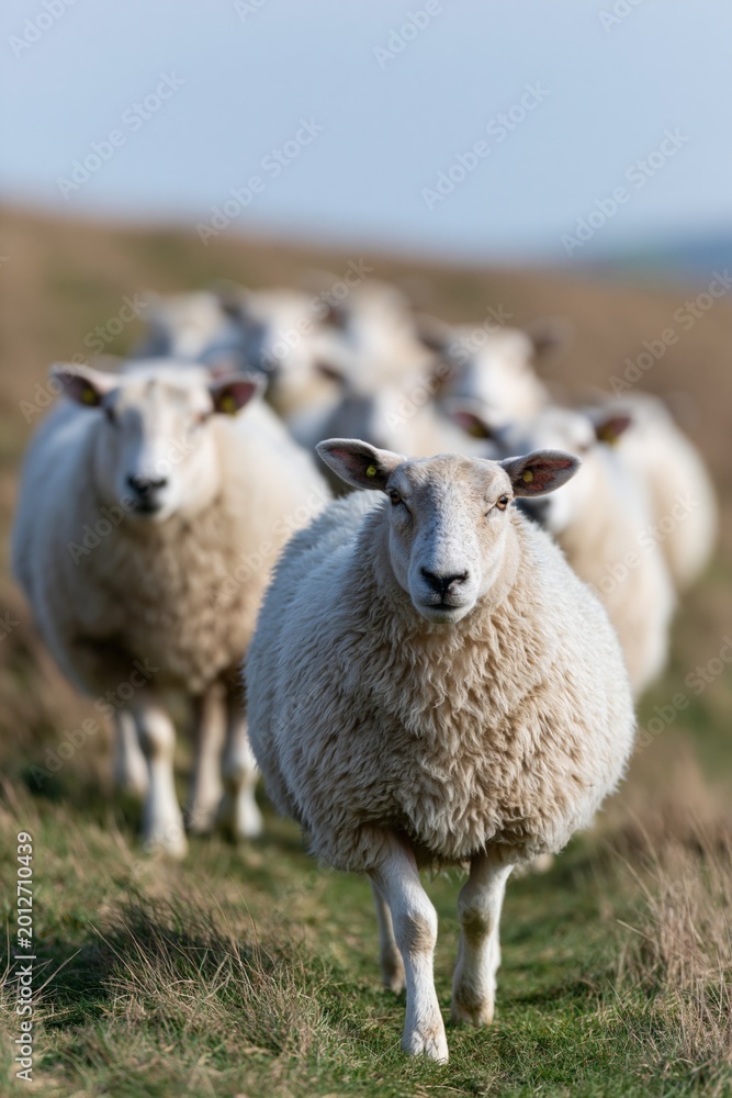 Fototapeta premium White sheep walking along grassy path in open pastureland
