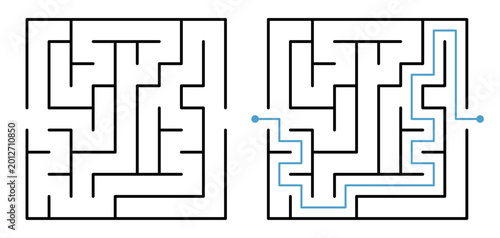 Cuadro en lienzo Easy square maze labyrinth puzzle with solution path